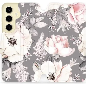 Telefonní příslušenství Flipové pouzdro Mobiwear - Samsung Galaxy S24 - MX06S Květy na šedém pozadí (Knížkové flip pouzdro, obal, kryt na mobil Samsung Galaxy S24 - MX06S Květy na šedém pozadí, materiál Umělá kůže + TPU - ochrana 360°, stojánek, silikonová vanička, magnetické)