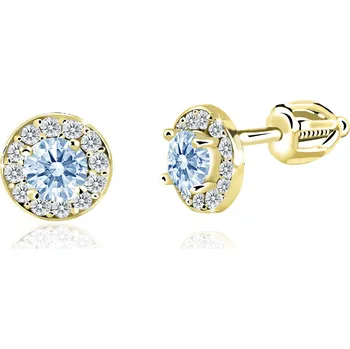 Náušnice Emmy’s | Dívčí náušnice kulaté | EM 32039 | ze žlutého zlata s kamínky světle modrými uprostřed a bílými okolo| zapínání balónek