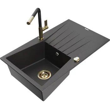 Granitový dřez MEXEN/S - Cesar granitový dřez 1-miska s odkapávačem včetně baterie Flora, černá kropenatá 6514-76-670401-57-G