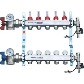 rozdělovač topení TIEMME NEREZ rohový plně osazený rozdělovač 1" s průtokoměry 12 okruhů