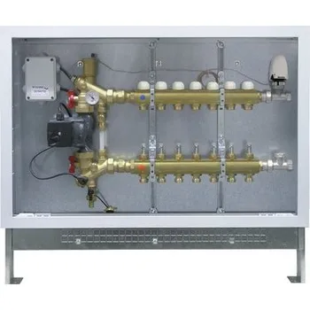 rozdělovač topení TIEMME 6 okruhová rozvodná a mísící sada, přímé ventily, 1" s průtokoměry, by-passem