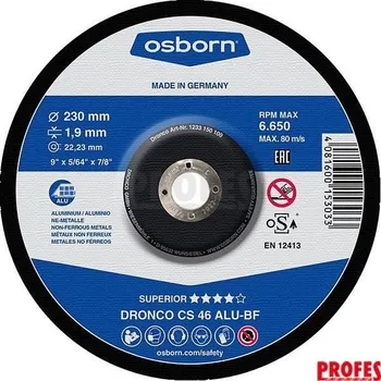 Řezný kotouč Osborn (Dronco) 1233150100 - Kotouč řezný pr. 230x1,9x22,2mm, na hliník, AL, zrno CS 46 ALU, Superior - vypouklý