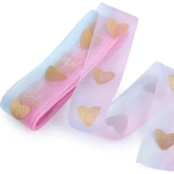 Jedlá dekorace na dort Monofilová stuha - růžovo-modrá - srdce - 3m/ 28mm