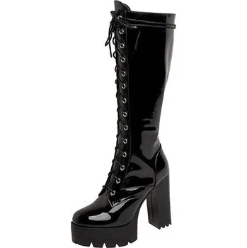 Dámské kozačky Lakované kozačky na vysokém podpatku Barva: Černá, Velikost: 36