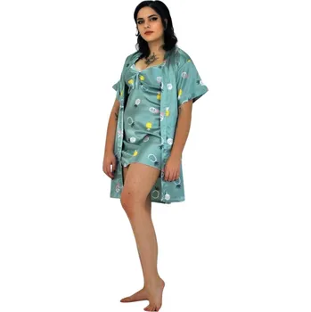 Dámská noční košile Saténová noční košilka se županem - ŠEDOZELENÁ s ananasy