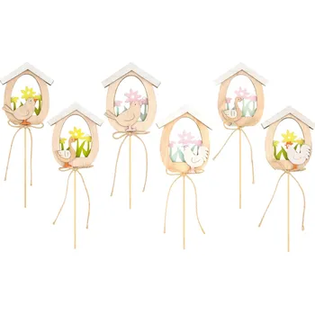 Velikonoční dekorace ANDĚL Domek dřevěný se zvířátkem a kytkami 9 cm + špejle