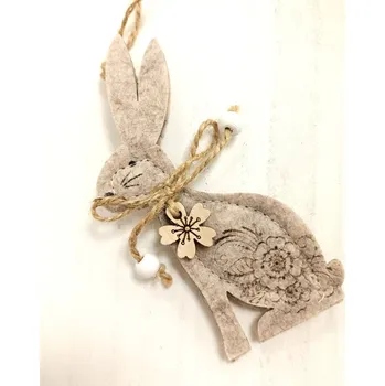 Velikonoční dekorace Zajíček filcový s květinou 12 cm - závěs - béžový