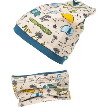 Čepice Emitex Bavlněná čepice s nákrčníkem zvířatka dvouvrstvá modrá S