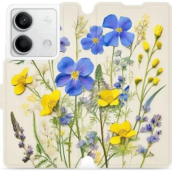 Pouzdro na mobilní telefon Flipové pouzdro Mobiwear - Xiaomi Redmi Note 13 5G - VP41S Modré a žluté kvítky (Knížkové flip pouzdro, obal, kryt na mobil Xiaomi Redmi Note 13 5G - VP41S Modré a žluté kvítky, materiál Umělá kůže + TPU - ochrana 360°, stojánek, silikonová vanička,)