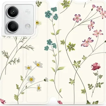 Pouzdro na mobilní telefon Flipové pouzdro Mobiwear - Xiaomi Redmi Note 13 5G - MD03S Tenké rostlinky s květy (Knížkové flip pouzdro, obal, kryt na mobil Xiaomi Redmi Note 13 5G - MD03S Tenké rostlinky s květy, materiál Umělá kůže + TPU - ochrana 360°, stojánek, silikonová vanička,