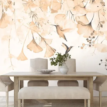 Tapeta Dovido Samolepící tapeta listy s kolibříky v odstínu Peach Fuzz