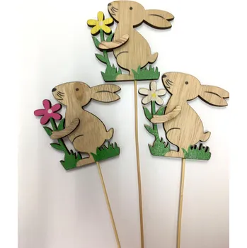 Zápich, dřev. dekorace, KRÁLÍCÍ S KVĚTINOU mix, dřevěnÝ, cca 7,5x8 cm/1ks