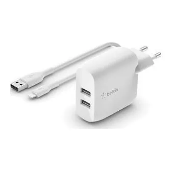 Belkin BOOST CHARGE™ Duální 24W USB-A nástěnná nabíječka + 1m lightning kabel, bílá
