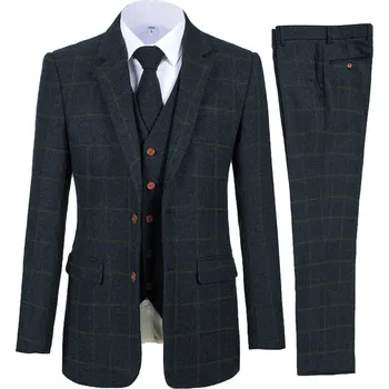 Pánský oblek Pánský tvídový oblek 3v1 kalhoty, sako a vesta Barva: Tmavě Modrá, Velikost: Šití na míru