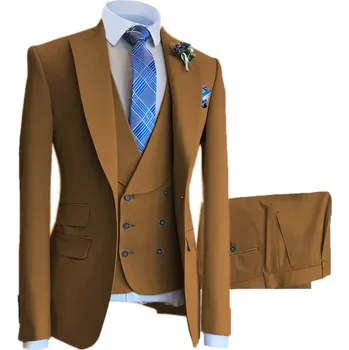 Luxusní svatební oblek na svatbu s dvouřadou vestou Barva: Hnědá, Velikost: XS