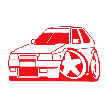Polep vozidla SAMOLEPKA Škoda Favorit karikatura levá (10 - červená) NA AUTO, NÁLEPKA, FÓLIE, POLEP, TUNING, VLASTNÍ TEXT, TISK, AUTOSAMOLEPKY.cz, POLEPY, OBRÁZEK, LOGO, SAMOLEPKY