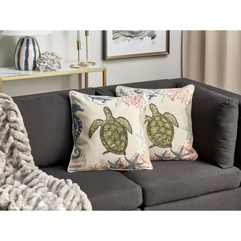 Bytový textil Sada 2 dekorativních polštářů béžová len 45 x 45 cm mořský motiv vzor želva čtverec polyesterová výplň doplňky Beliani