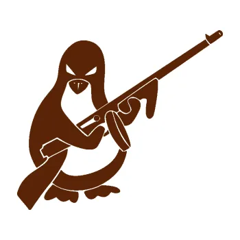 Samolepící dekorace SAMOLEPKA Tučňák se samopalem pravá (15 - hnědá) NA AUTO, NÁLEPKA, FÓLIE, POLEP, TUNING, VLASTNÍ TEXT, TISK, AUTOSAMOLEPKY.cz, POLEPY, OBRÁZEK, LOGO, SAMOLEPKY