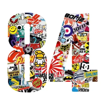 Autodoplněk Samolepka na auto Startovní číslo 84 typ 2 (83 - Sticker bomb) NÁLEPKA, FÓLIE, POLEPY, TUNING, VLASTNÍ TEXT, TISK, AUTOSAMOLEPKY.cz, SAMOLEPKY, OBRÁZEK, LOGO, VÝROBA, PRODEJ