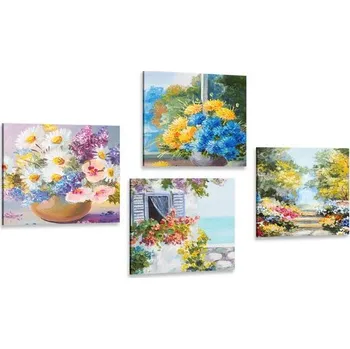 Obraz Dovido Set obrazů malované květiny ve váze s přírodou