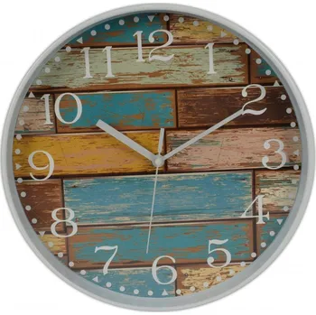 Hodiny DUE ESSE DUE ESSE, Nástěnné hodiny cihly efekt dřevo oprýskaný modrý lak, průměr 30 cm