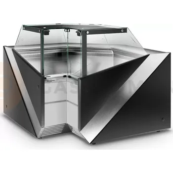 Chladicí pult modulární rohový vnitřní s tvrzeným rovným, svislým, pevně zabudovaným sklem, systémem sušení skla a deskou z nerezové oceli 1500x1200x1210 mm | RAPA, L-X/NW