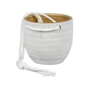 Obal na květináč Závěsný keramický obal na květináč LE HAVRE, dekor čárky, průměr 14 cm, bílo - zlatý