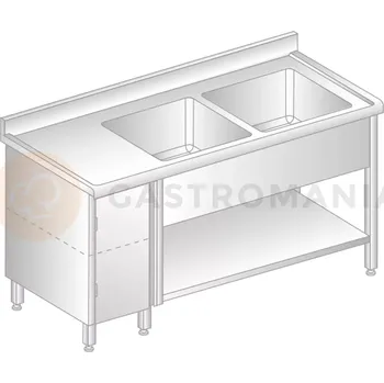 Nerezový dřez Stůl přístěnný z nerezové oceli s 2 dřezy, skříňkou, poličkou, zadní lištou a okapovou lištou 1500x700x850 mm | DORA METAL, DM-S-3215