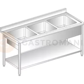 Nerezový dřez Stůl přístěnný z nerezové oceli s 3 dřezy, poličkou, zadní lištou a okapovou lištou 1600x700x850 mm | DORA METAL, DM-S-3227