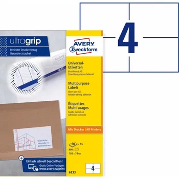 Samolepící etiketa Samolepící etikety Ultragrip 105 x 74 mm 200 listů A5 6133