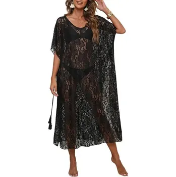 Dámská tunika Lehká plážová tunika s krajkovým designem - Černá