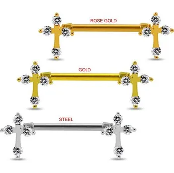 Piercing Piercingate Piercing do bradavky - kříž s kamínky PBR00052 - Barva/Motiv: Růžové zlato, Délka tyčky: 14 mm, Průměr tyčky: 1,6 mm