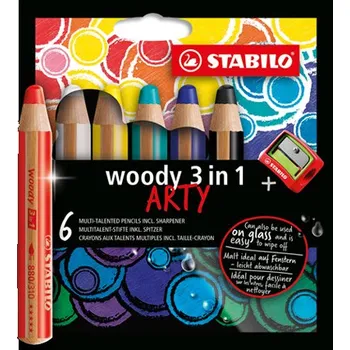 Kresba Pastelky STABILO woody 3 v 1 ARTY- barvička, vodovka, voskovka - 6 ks + ořezávátko Stabilo