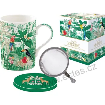 Easy Life EXOTIC HEAVEN porcelánový čajový hrnek s víčkem a nerezovým sítkem exotické ptactvo v tropickém pralese *ATMOSPHERE* 350ml