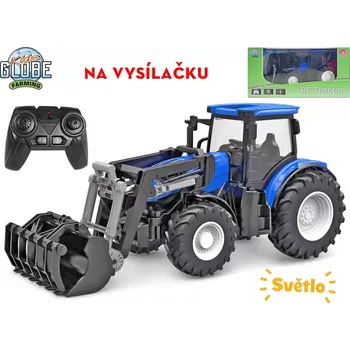 RC model auta Kids Globe Farming R/C traktor modrý 27cm s nakladačem na baterie se světlem 2,4GHz v krabičce