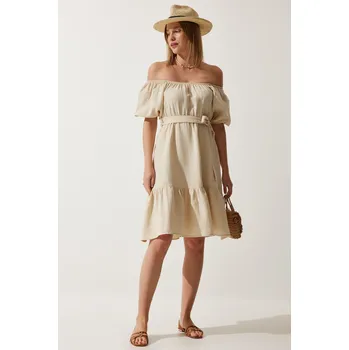Cizojazyčná kniha Happiness İstanbul Women's Cream Carmen Collar Belted Summer Muslin Dress Happiness İstanbul krémová 2669261