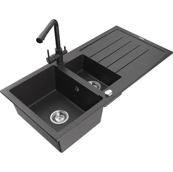 Granitový dřez MEXEN/S - Andres granitový dřez s odkapávačem včetně baterie Duero, černá nakrapiany 6515-76-671600-76