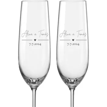 Sklenice Svatební skleničky na sekt Srdce se jmény, 2 ks (Do poznámky v nákupním košíku napište jména novomanželů a datum svatby)