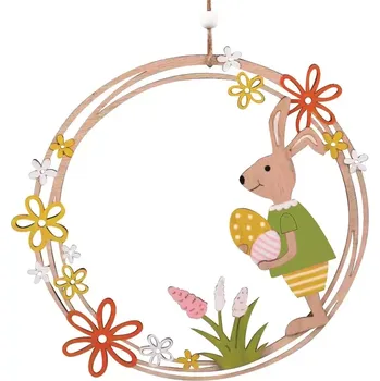 Velikonoční dekorace Věnec dřevěný se zajíčkem na zavěšení 23 cm 7537
