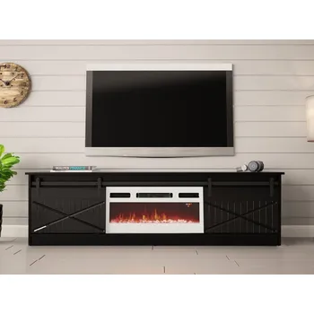 Televizní stolek TV skříňka Sarinero s krbem, Barva: černý / černý lesk, Krb: bílý MIRJAN 5903211319792