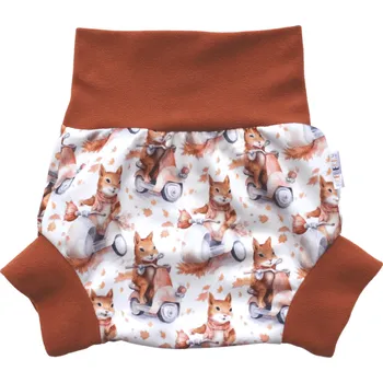 Plenkové kalhoty Breberky Natahovací svrchní kalhotky PUL - Veverka na mopedu VELIKOST: M (7-11kg)