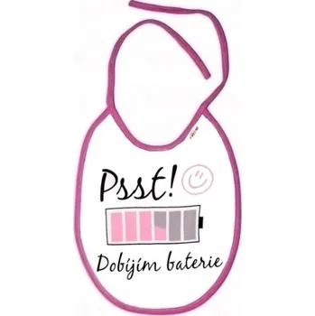 Bryndák Nepromokavý bryndáček Psst! Dobíjím baterie, 24 x 27 cm - růžový, bílá