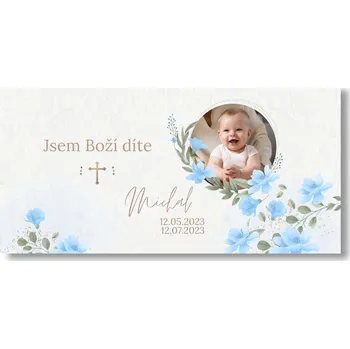 Personal Banner na křtiny s fotkou - Blue Flowers Rozměr banner: 130 x 260 cm