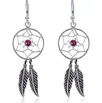 Náušnice Visací náušnice ze stříbra 925 - kruhový lapač snů, fialový korálek