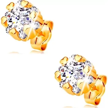 Náušnice Zlaté 14K náušnice - zářivý květ čiré barvy a drobná lesklá srdíčka