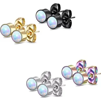 Náušnice Náušnice z oceli 316L - duhový syntetický opál v objímce, puzetové zapínání, 3 mm - Barva: Černá