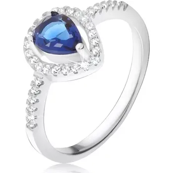 Prsten Prsten - tmavě modrý slzičkovitý kámen, čiré zirkony, stříbro 925 - Velikost: 60