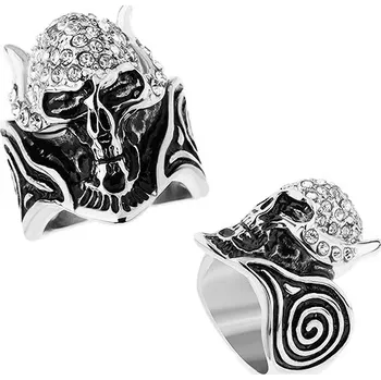 Prsten Ocelový prsten, lebka s rohy vykládaná čirými zirkony, patinované spirály - Velikost: 69