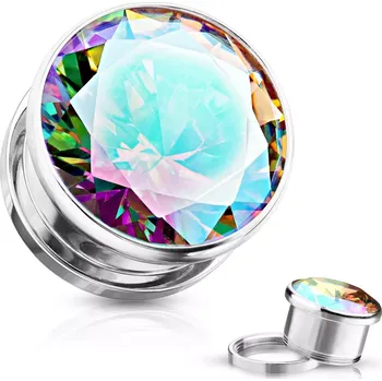 Piercing Plug do ucha z chirurgické oceli, velký duhový zirkon, stříbrná barva, PVD, šroubovací - Tloušťka : 19 mm