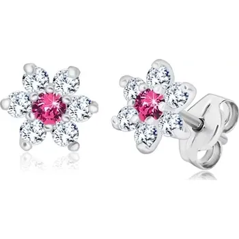 Náušnice Stříbrné náušnice 925 - blýskavý čirý květ, růžový zirkon uprostřed, puzetky